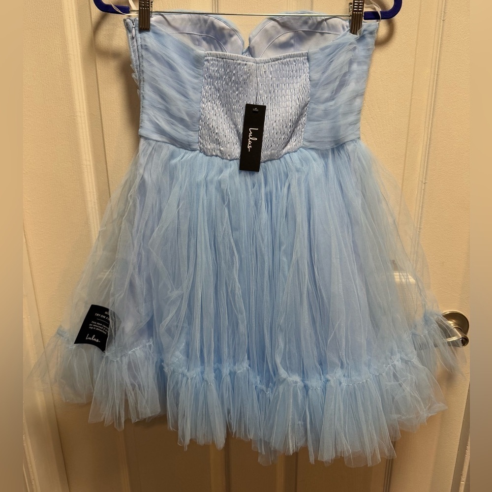 Lulus Lovely Flirtation Light Blue Tulle Strapless Bustier Mini Dress size L - Picture 3 of 11